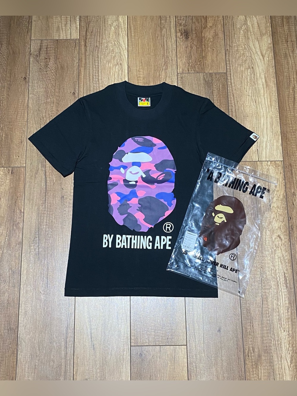 A Bathing Ape BAPE Black Tee Shirt Purple Camo Ape Logo Mens Size S